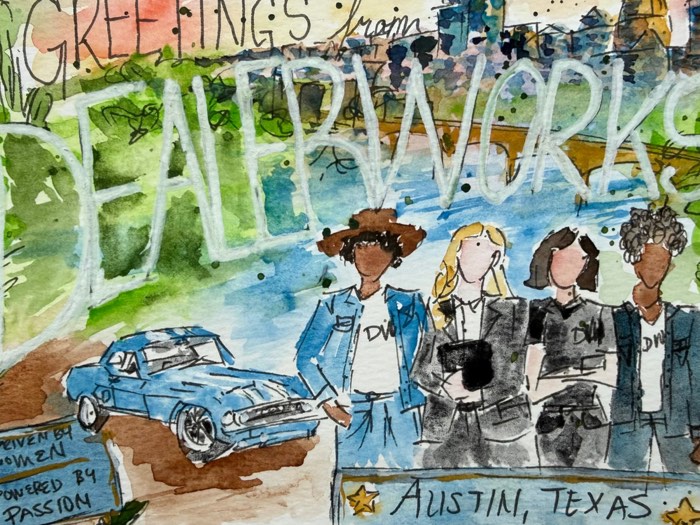 Watercolor postcard by Teresa Cook: Greetings from DealerWorks, Austin, Texas